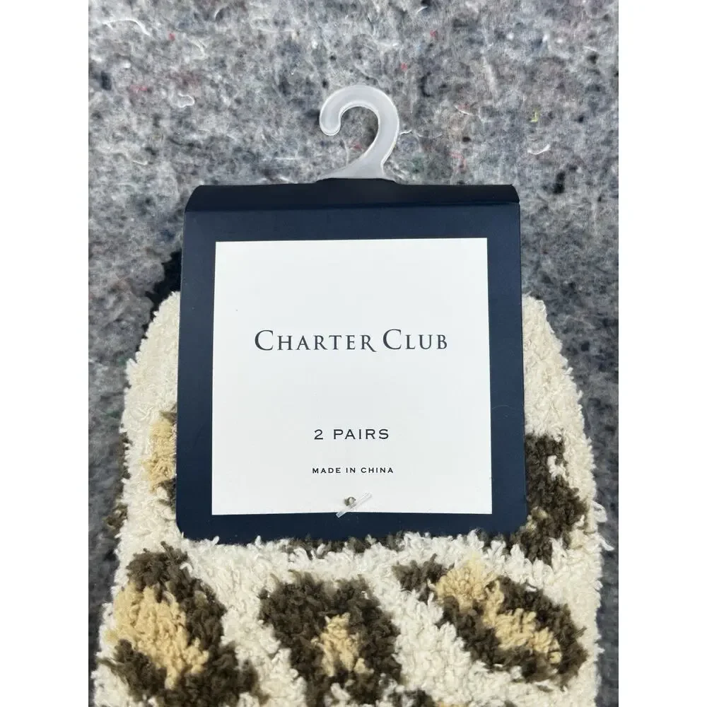 Charter Club 2 Pair Fuzzy Leopard Crew Socks Womens 6-10 NWT Cozy 1233